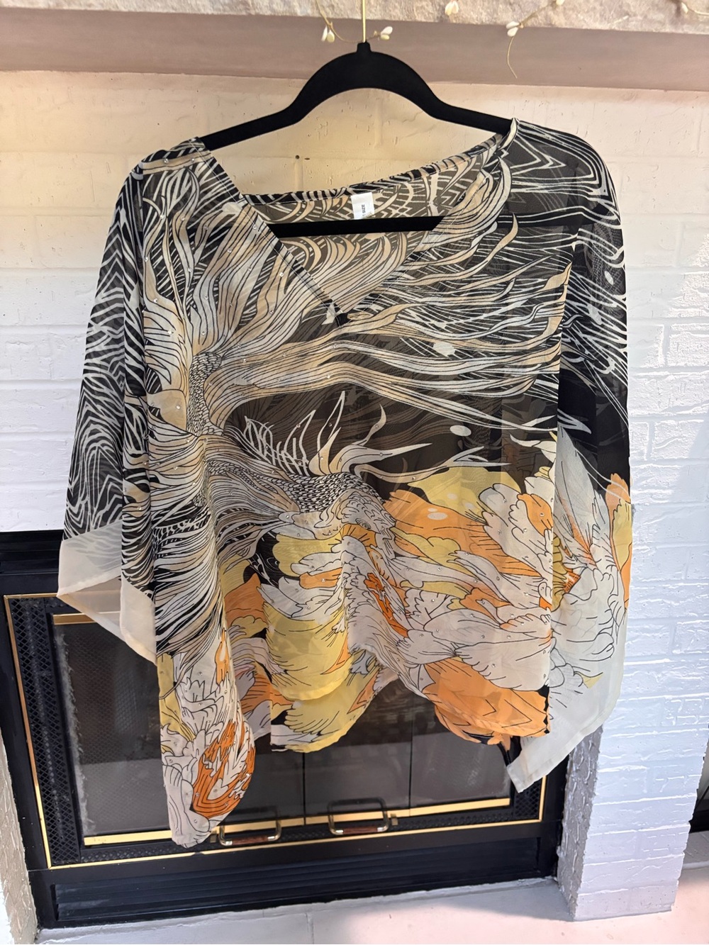 Sheer Floral Wave Swim Coverup in Black and Yellow